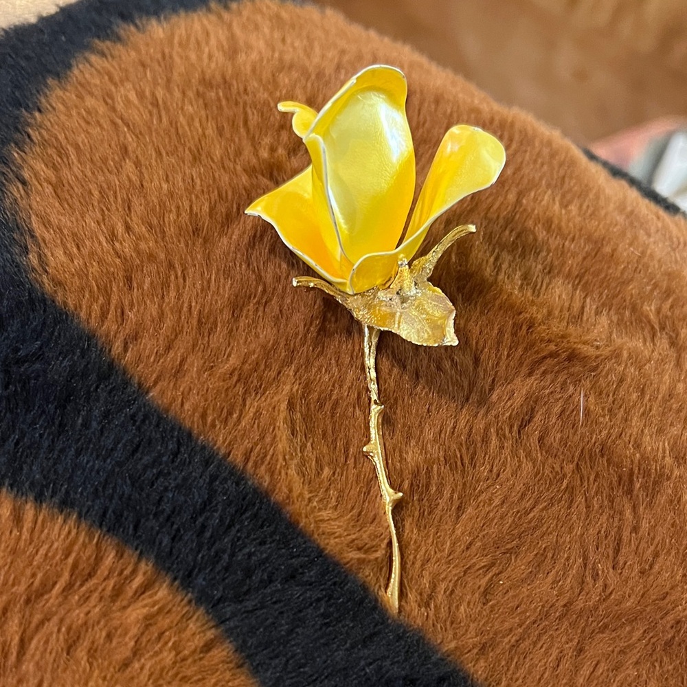 Yellow Rose Enameled Flower Brooch
